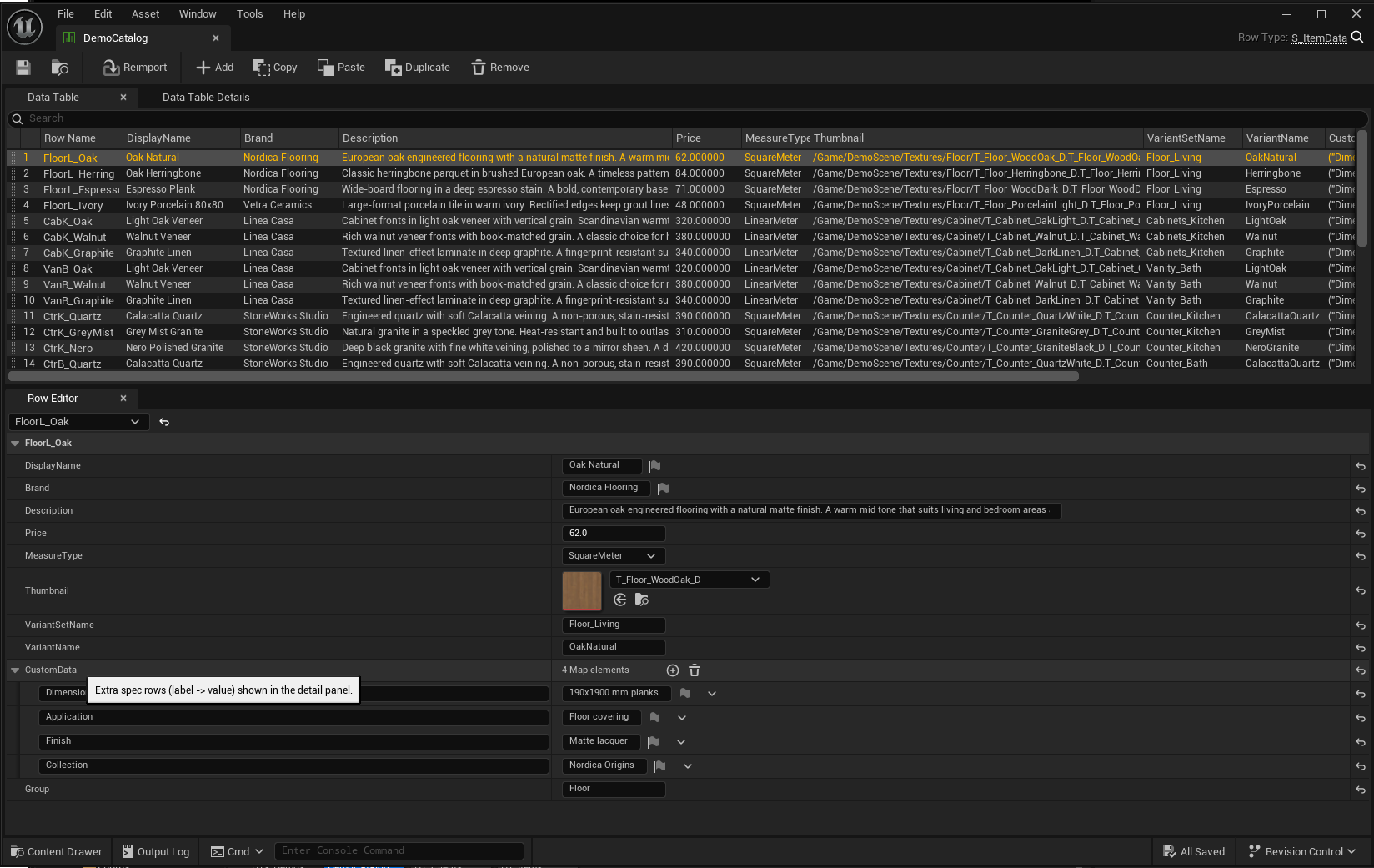 CustomData map in the Row Editor